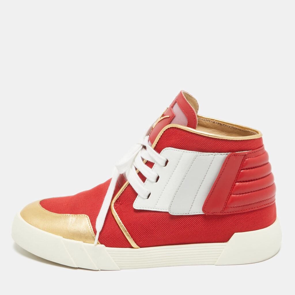 luxury-men-giuseppe-zanotti-used-shoes-p1042799-001 Giuseppe Zanotti Red/Gold Leather Foxy London High Top Sneakers Size 44