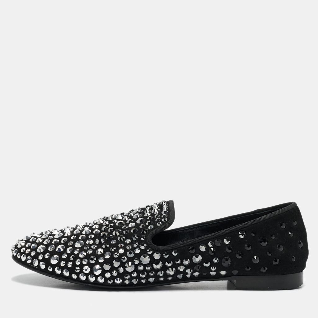 luxury-men-giuseppe-zanotti-used-shoes-p1097159-001 Giuseppe Zanotti Black Suede Crystal Embellished David Smoking Slippers Size 41.5