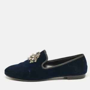 Giuseppe Zanotti Navy Blue Velvet Crystal Embellished Smoking Slippers Size 41