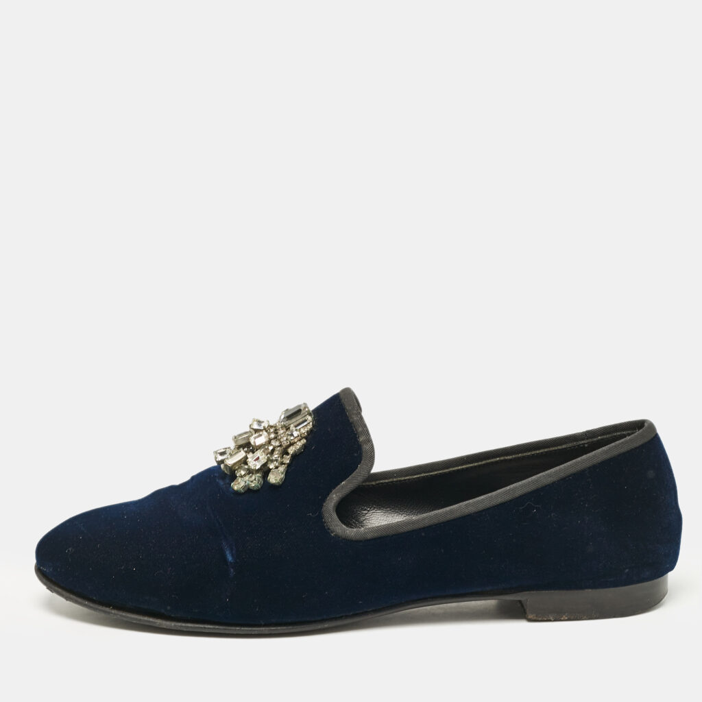 luxury-men-giuseppe-zanotti-used-shoes-p1097700-003 Giuseppe Zanotti Navy Blue Velvet Crystal Embellished Smoking Slippers Size 41