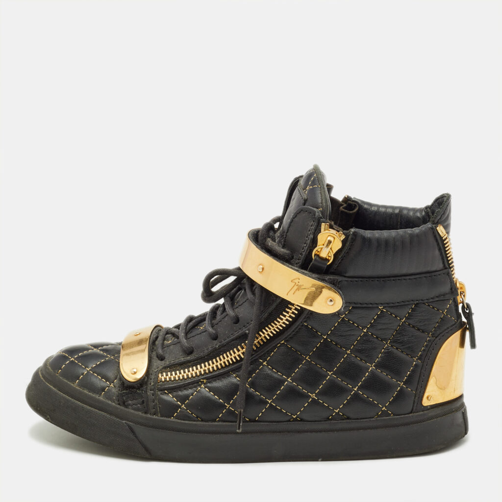 luxury-men-giuseppe-zanotti-used-shoes-p1117740-001 Giuseppe Zanotti Gold/Black Leather Coby High Top Sneakers Size 39