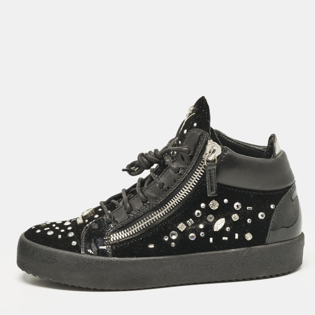 luxury-men-giuseppe-zanotti-used-shoes-p1118196-009 Giuseppe Zanotti Black Leather and Velvet Kriss High Top Sneakers Size 41