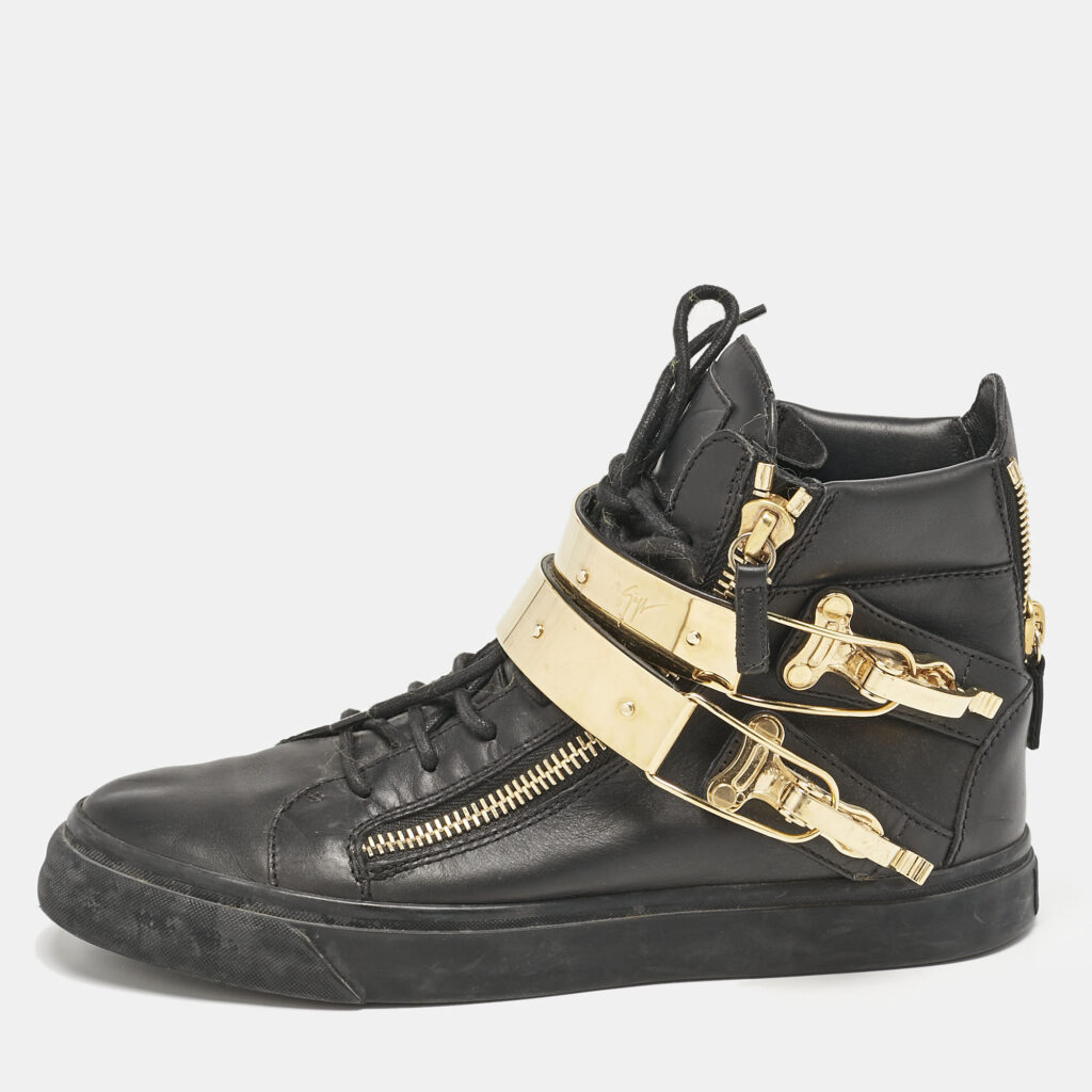 luxury-men-giuseppe-zanotti-used-shoes-p1142231-003 Giuseppe Zanotti Black Leather Double Metal Strap High-Top Sneakers Size 40