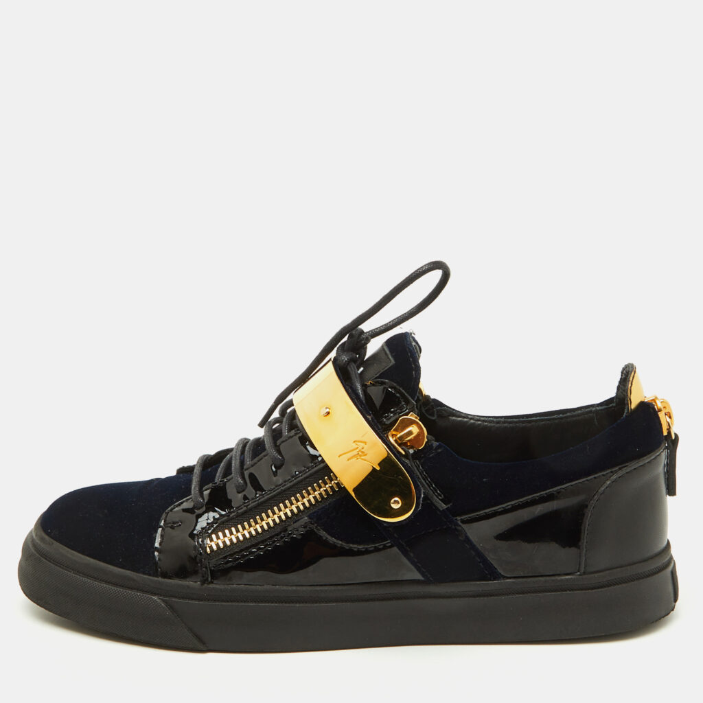 luxury-men-giuseppe-zanotti-used-shoes-p1152742-002 Giuseppe Zanotti Navy Blue/Black Velvet and Patent Leather Double Zip Low Sneakers Size 41