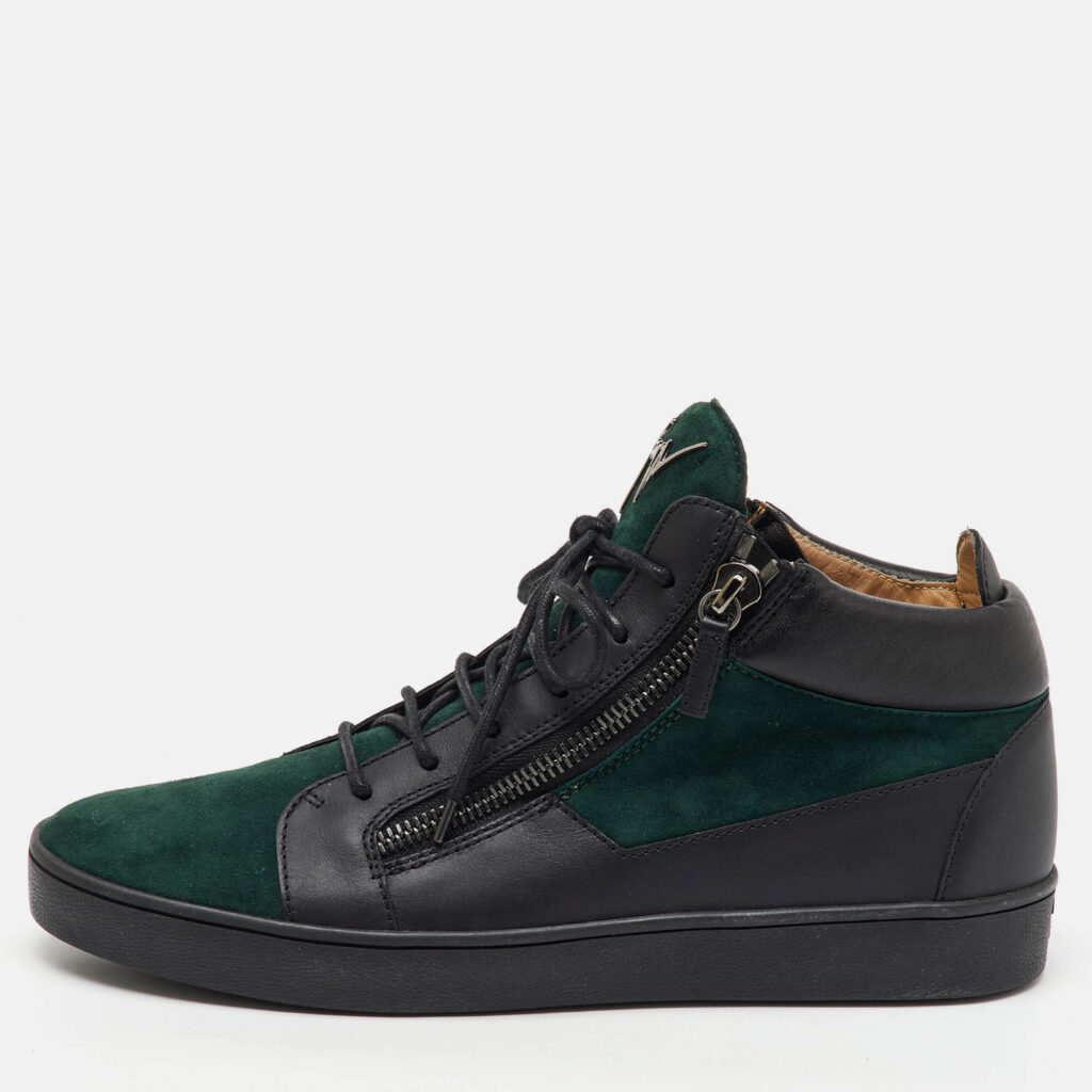 luxury-men-giuseppe-zanotti-used-shoes-p1165265-010.jpg Giuseppe Zanotti Green/Black Suede and Leather Double Zip High Top Sneakers Size 45