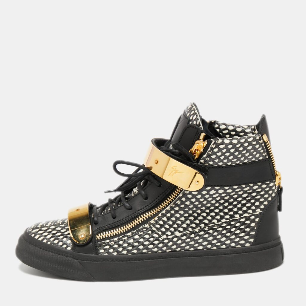 luxury-men-giuseppe-zanotti-used-shoes-p656164-001 Giuseppe Zanotti Black/White Snakeskin Embossed And Leather High Top Double Zip Sneakers Size 40