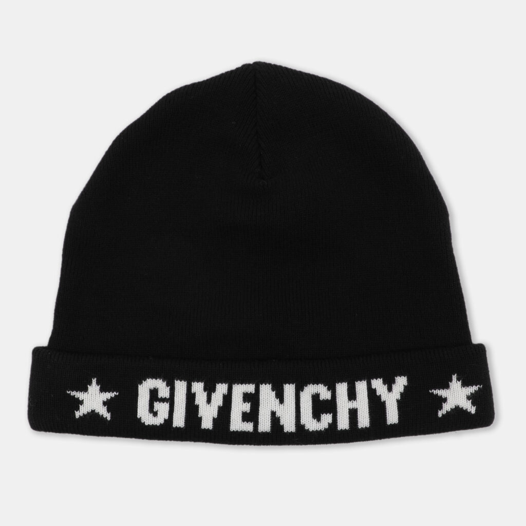 luxury-men-givenchy-used-accessories-p1100221-002 Givenchy Black Star Logo Intarsia Knit Cashmere Beanie