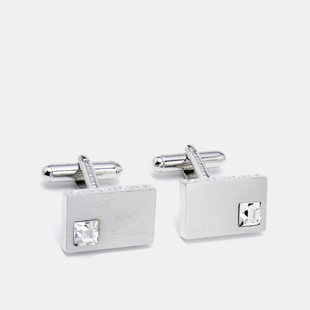 Givenchy Silver Tone Crystal Embedded Rectangle Cufflinks