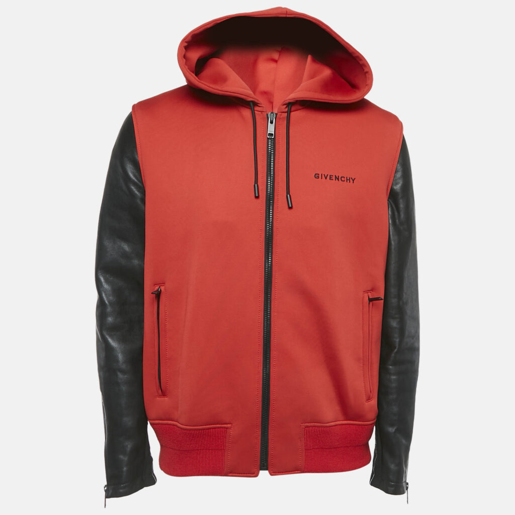 luxury-men-givenchy-used-clothes-p1129203-001.jpg Givenchy Red Neoprene and Leather Zip Up Hooded Jacket XL