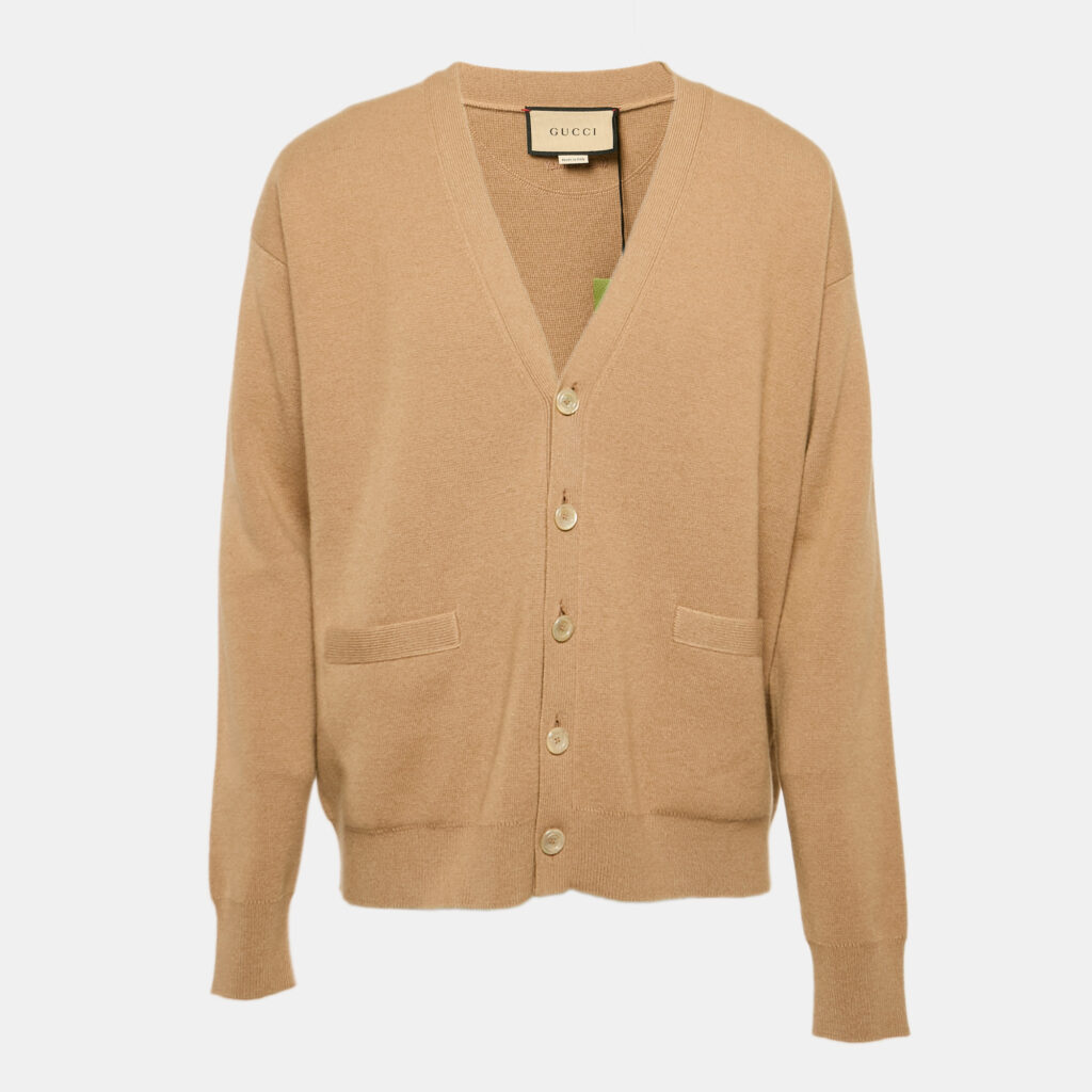 Gucci Camel Brown Cashmere Knit Button Front Cardigan M