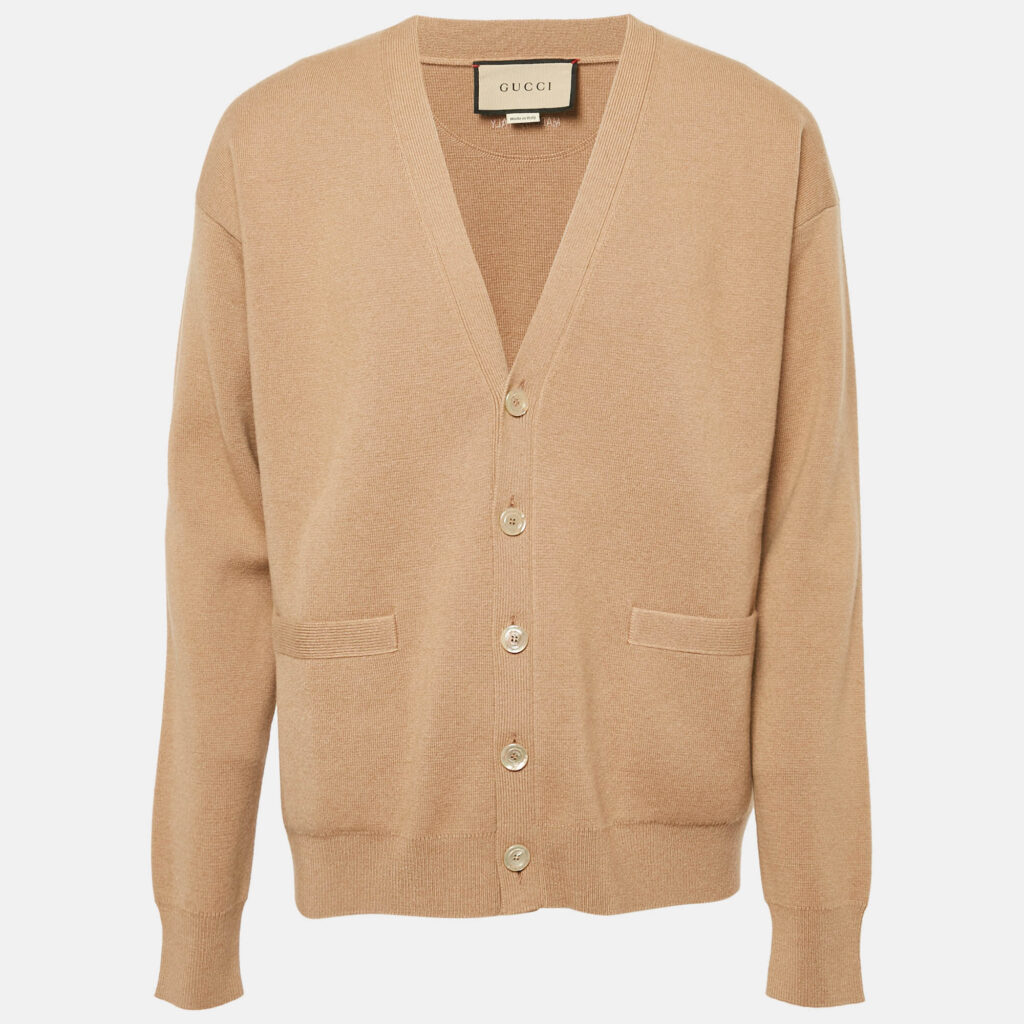 luxury-men-gucci-new-clothes-p1159645-006 Gucci Camel Brown Cashmere Knit Button Front Cardigan M