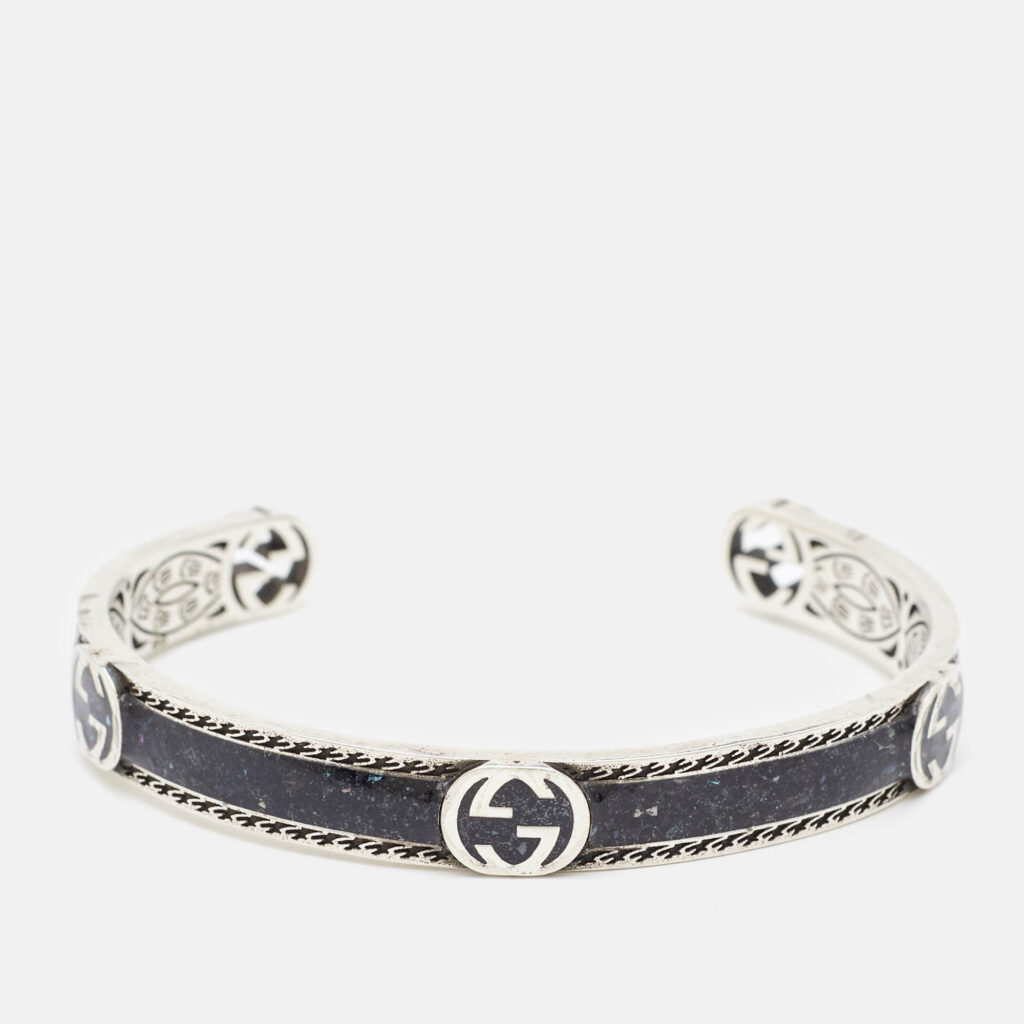 luxury-men-gucci-used-accessories-p1134355-006 Gucci Interlocking GG Enamel Sterling Silver Cuff Bracelet 17
