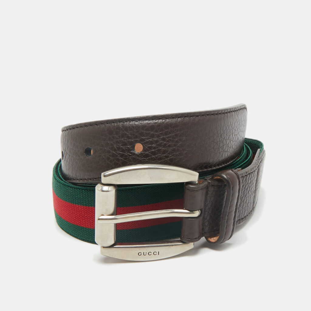 luxury-men-gucci-used-accessories-p1166478-001 Gucci Brown Leather and Elastic Web Buckle Belt 90CM