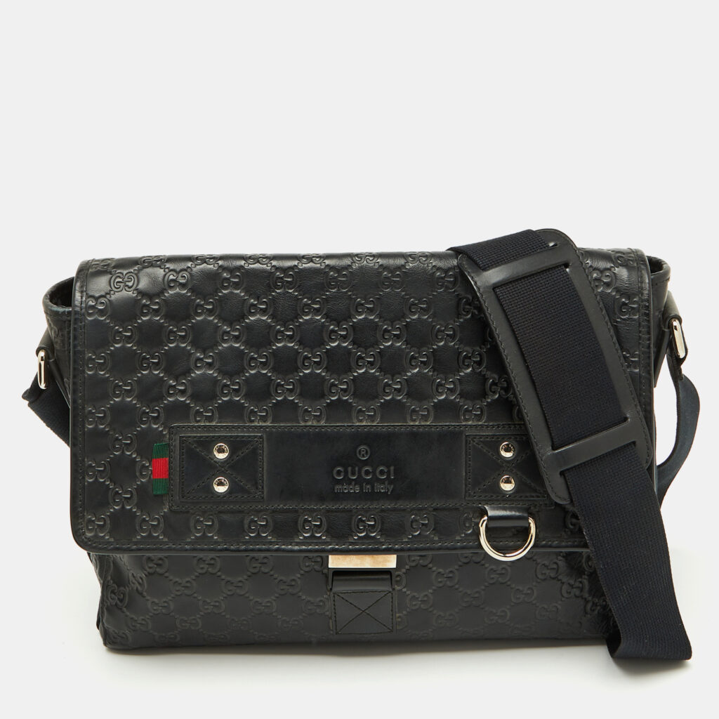 luxury-men-gucci-used-bags-p1121071-014 Gucci Black Guccissima Leather Flap Messenger Bag