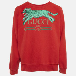 Gucci Red Tiger Applique Cotton Knit Crewneck Sweater XL