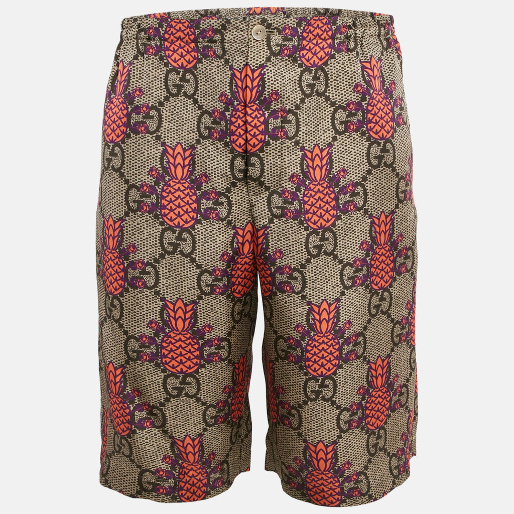 luxury-men-gucci-used-clothes-p1126751-007 Gucci Brown/Pink Pineapple GG Print Silk Shorts M