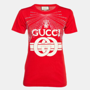 Gucci Red Cotton Logo Crystal Embellished T-Shirt S
