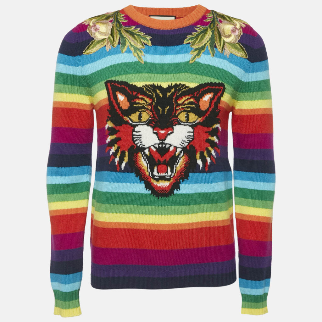 luxury-men-gucci-used-clothes-p1162816-001 Gucci Multicolor Tiger Striped Intarsia Wool Embroidery Detail Sweater S