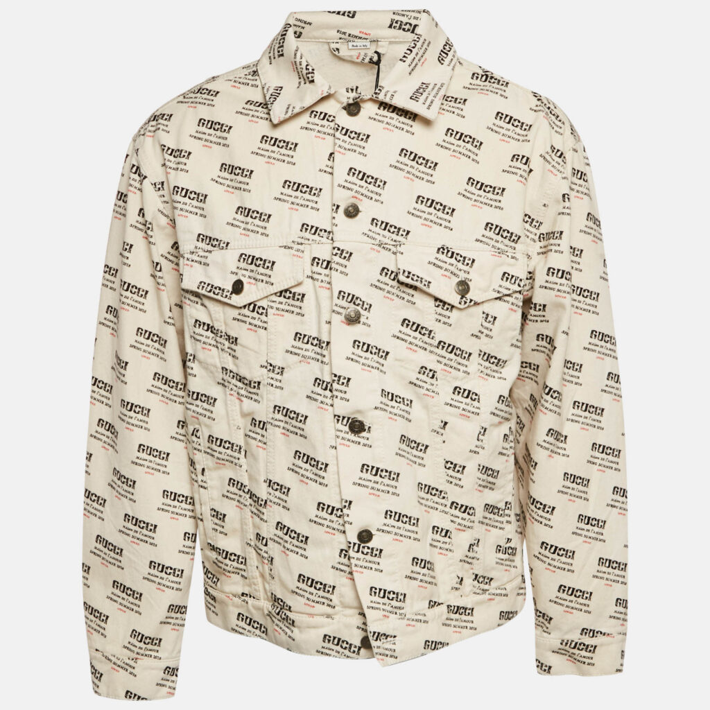 luxury-men-gucci-used-clothes-p1163212-001 Gucci Off-White Stamp Print Cotton Button Front Jacket S