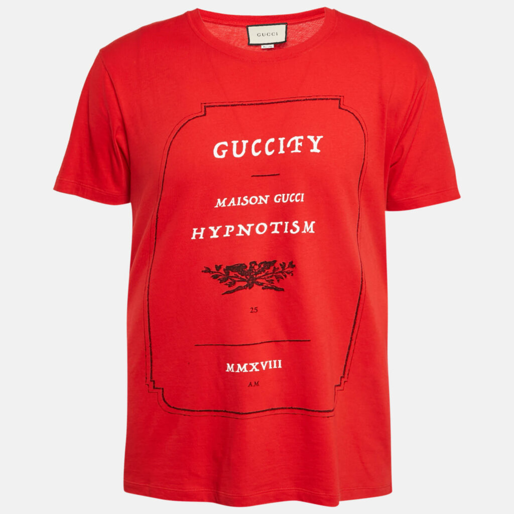 luxury-men-gucci-used-clothes-p1163314-001.jpg Gucci Red Printed Jersey Crew Neck T-Shirt S