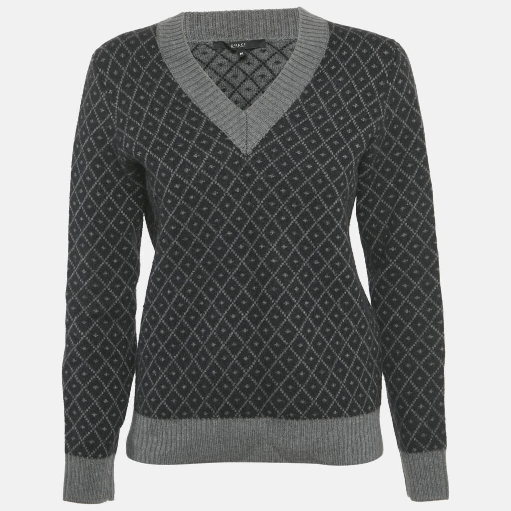 Gucci Black/Grey Diamante Wool Knit V-Neck Sweater M