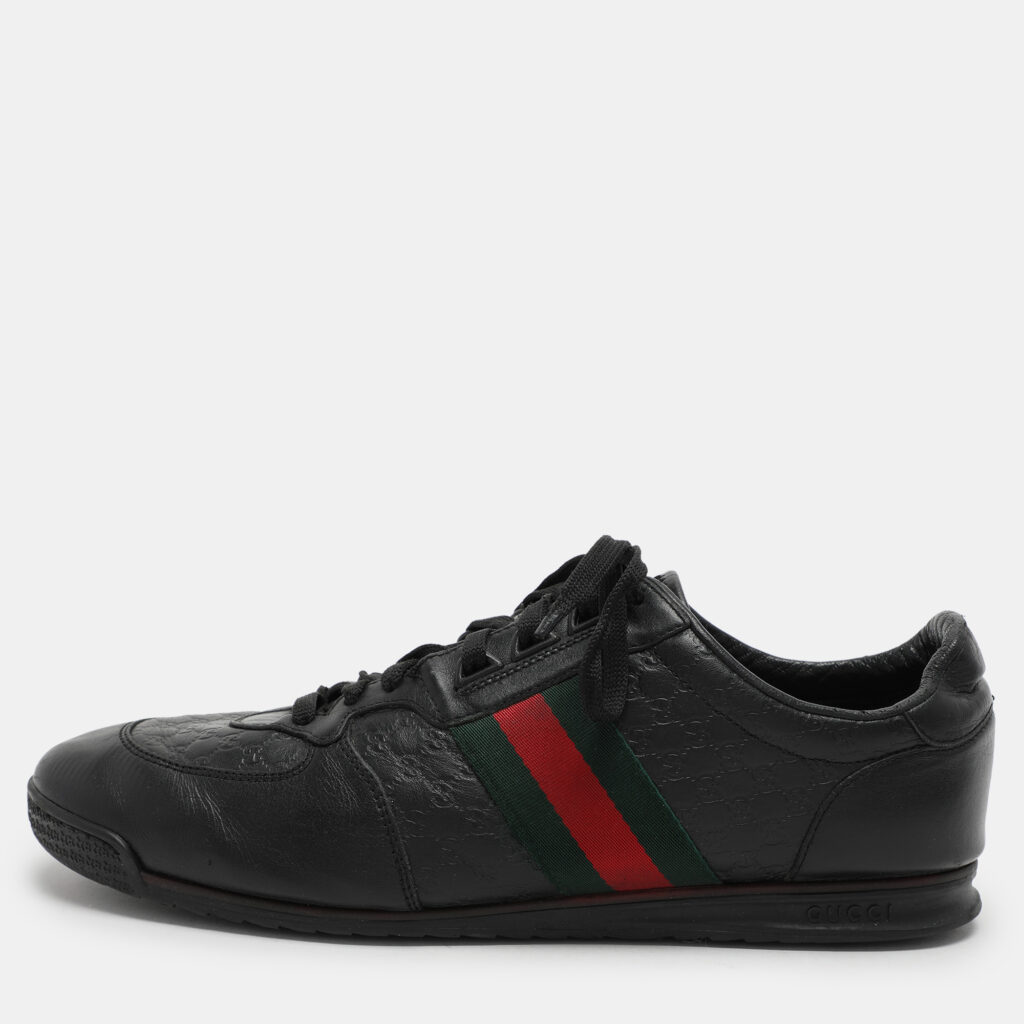 luxury-men-gucci-used-shoes-p1046372-004 Gucci Black Microguccissima Leather Web Low Top Sneakers Size 43.5
