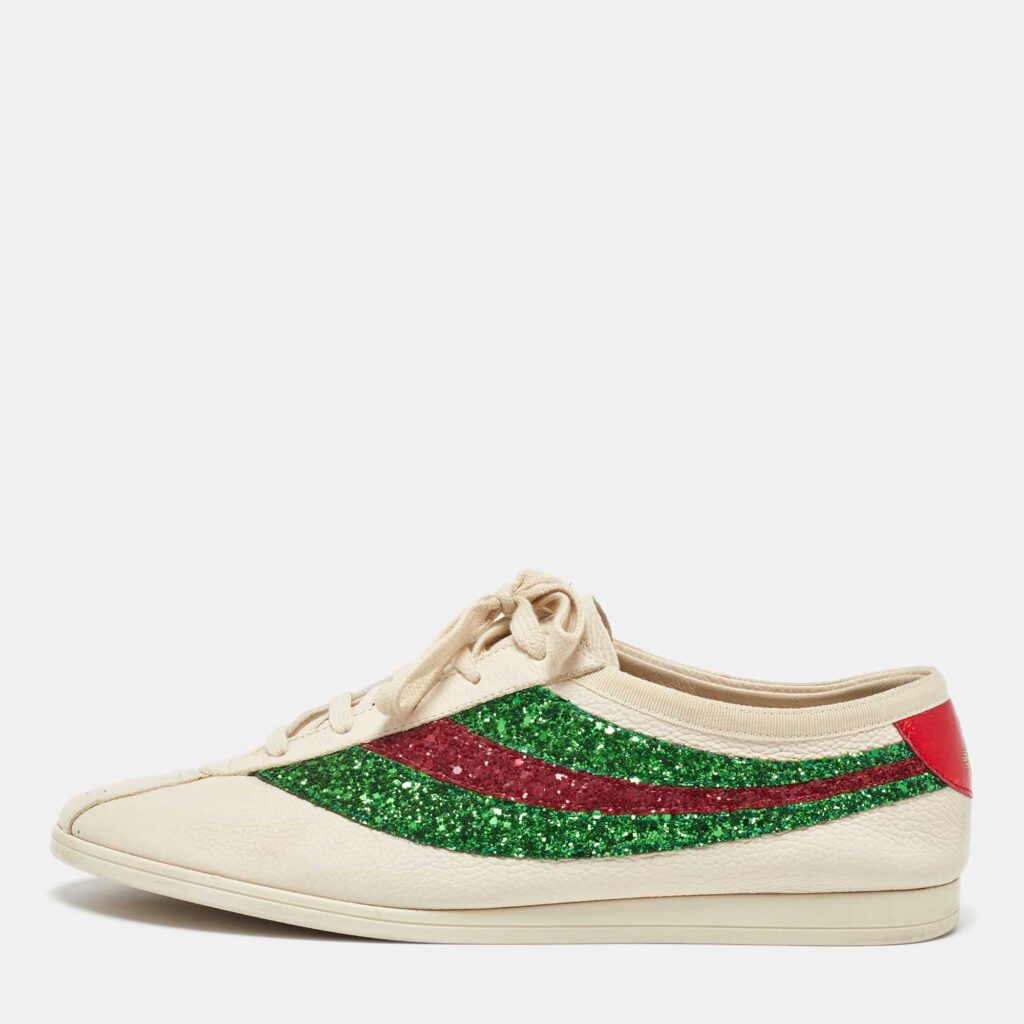 luxury-men-gucci-used-shoes-p1046879-003 Gucci White Glitter and Leather Falacer Lace Up Sneakers Size 43