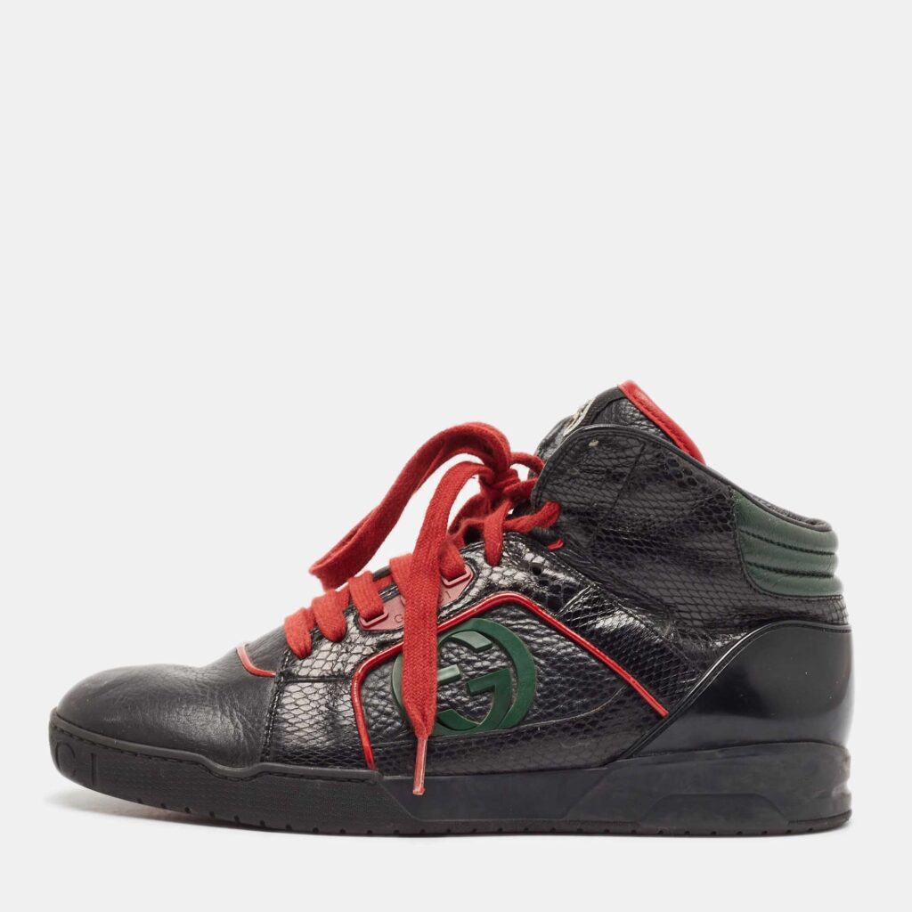 luxury-men-gucci-used-shoes-p1068661-003 Gucci Black Leather and Snakeskin Leather High Top Sneakers Size 40.5