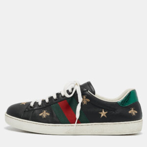 Gucci Black Leather Bee Ace Low Top Sneakers Size 44.5