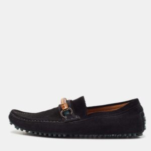 Gucci Black Suede Bamboo Horsebit Slip On Loafers Size 44.5
