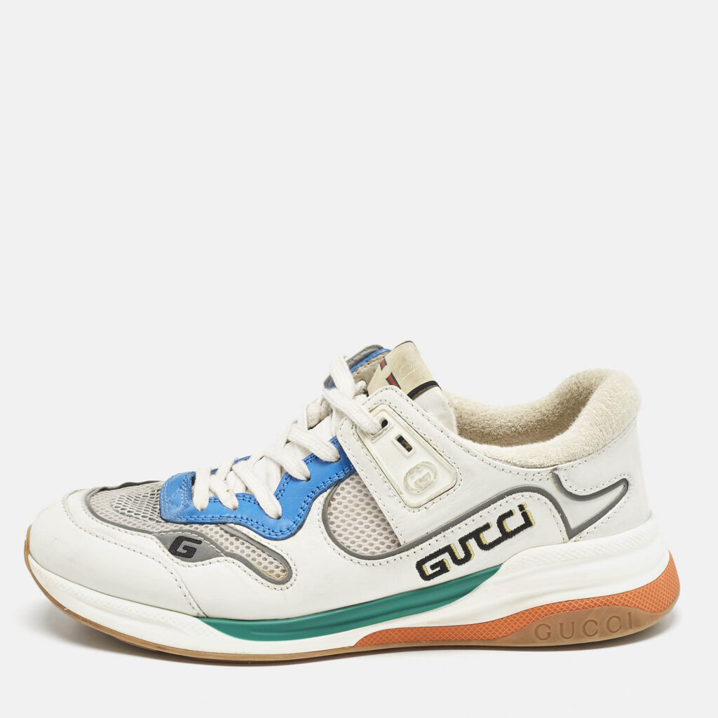 luxury-men-gucci-used-shoes-p1130207-010 Gucci White/Blue Leather and Mesh Ultrapace Sneakers Size 41.5