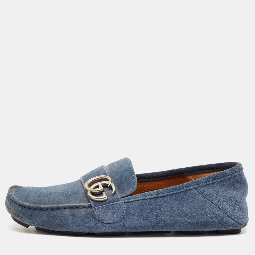 Gucci Blue Suede Double G Slip On Loafers Size 41