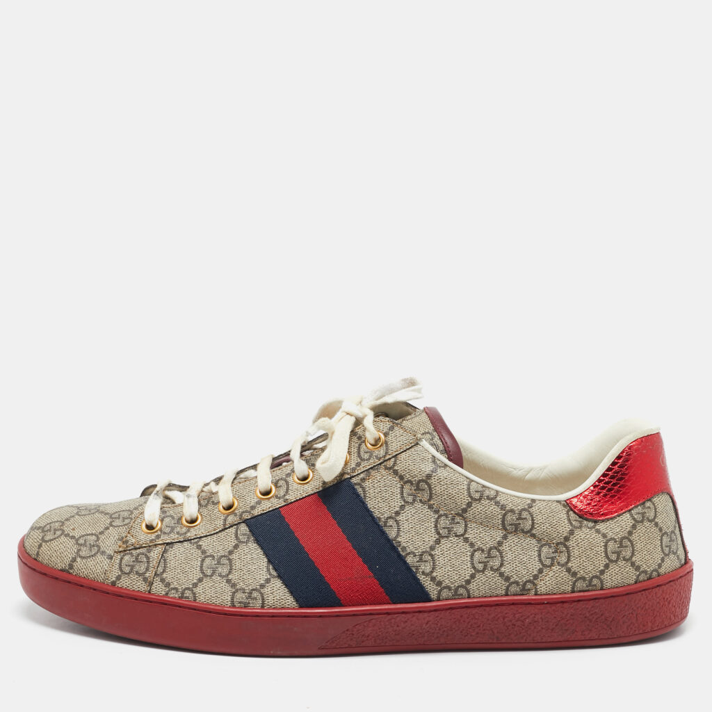 luxury-men-gucci-used-shoes-p1145653-009.jpg Gucci Beige/Ebony GG Supreme Canvas Ace Sneakers Size 45