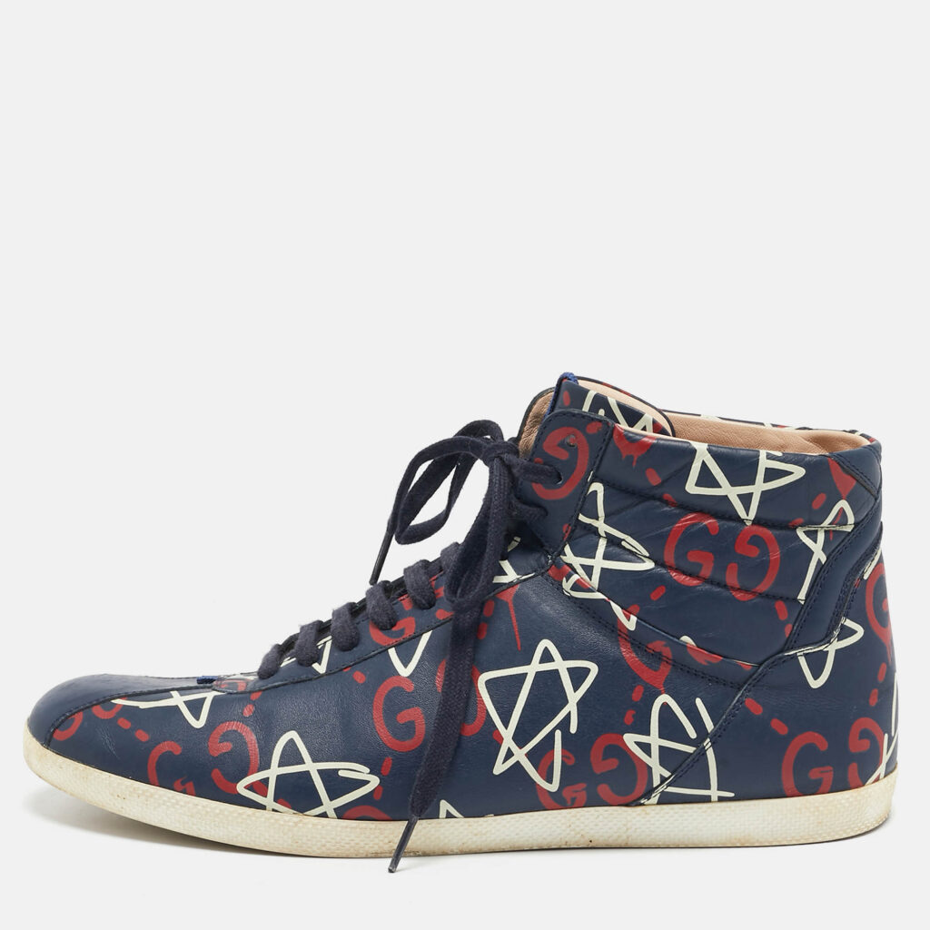 luxury-men-gucci-used-shoes-p1146081-010 Gucci Blue Leather Ghost Logo High Top Sneakers Size 45