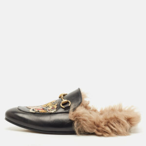 Gucci Black  Leather And Fur Princetown Mule Sandals Size 41.5