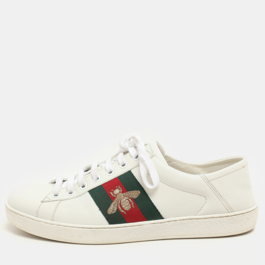 luxury-men-gucci-used-shoes-p1149652-004 Gucci White Leather Ace Bee Embroidered Low Top Sneakers Size 40.5
