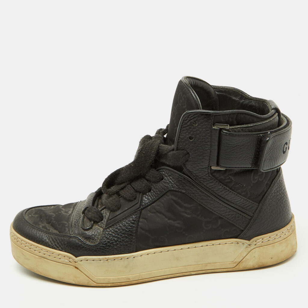 luxury-men-gucci-used-shoes-p1154316-002 Gucci Black Leather and Nylon GG Guccissima High Top Sneakers Size 41