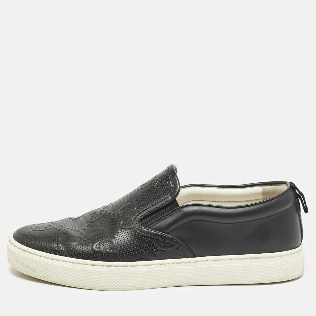 luxury-men-gucci-used-shoes-p1157911-003 Gucci Black GG Embossed Leather Slip On Sneakers Size 42.5
