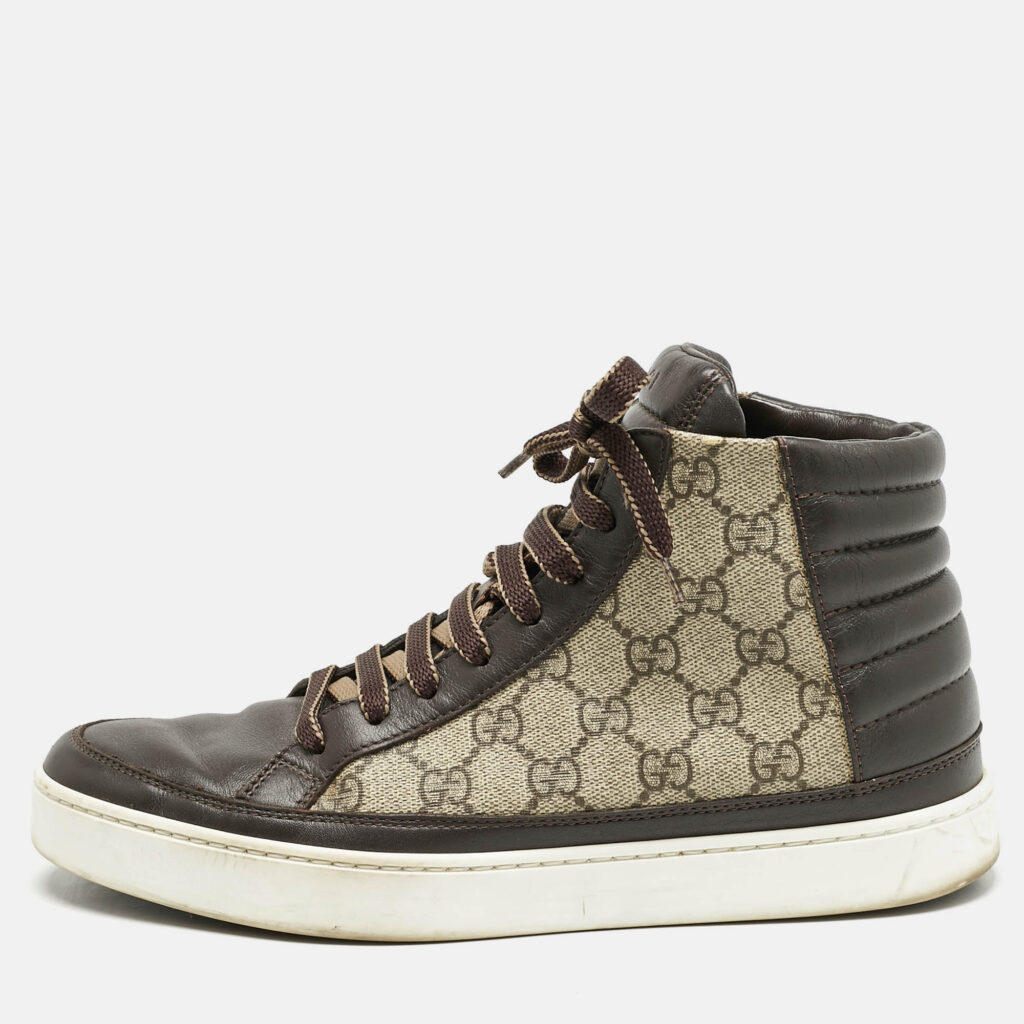 luxury-men-gucci-used-shoes-p1158060-010 Gucci Brown/Grey GG Supreme Canvas and Leather Cap Toe High Top Sneakers Size 40.5