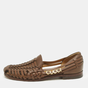 Gucci Brown Woven Leather Gucci Detail Slip On Loafers Size 43.5