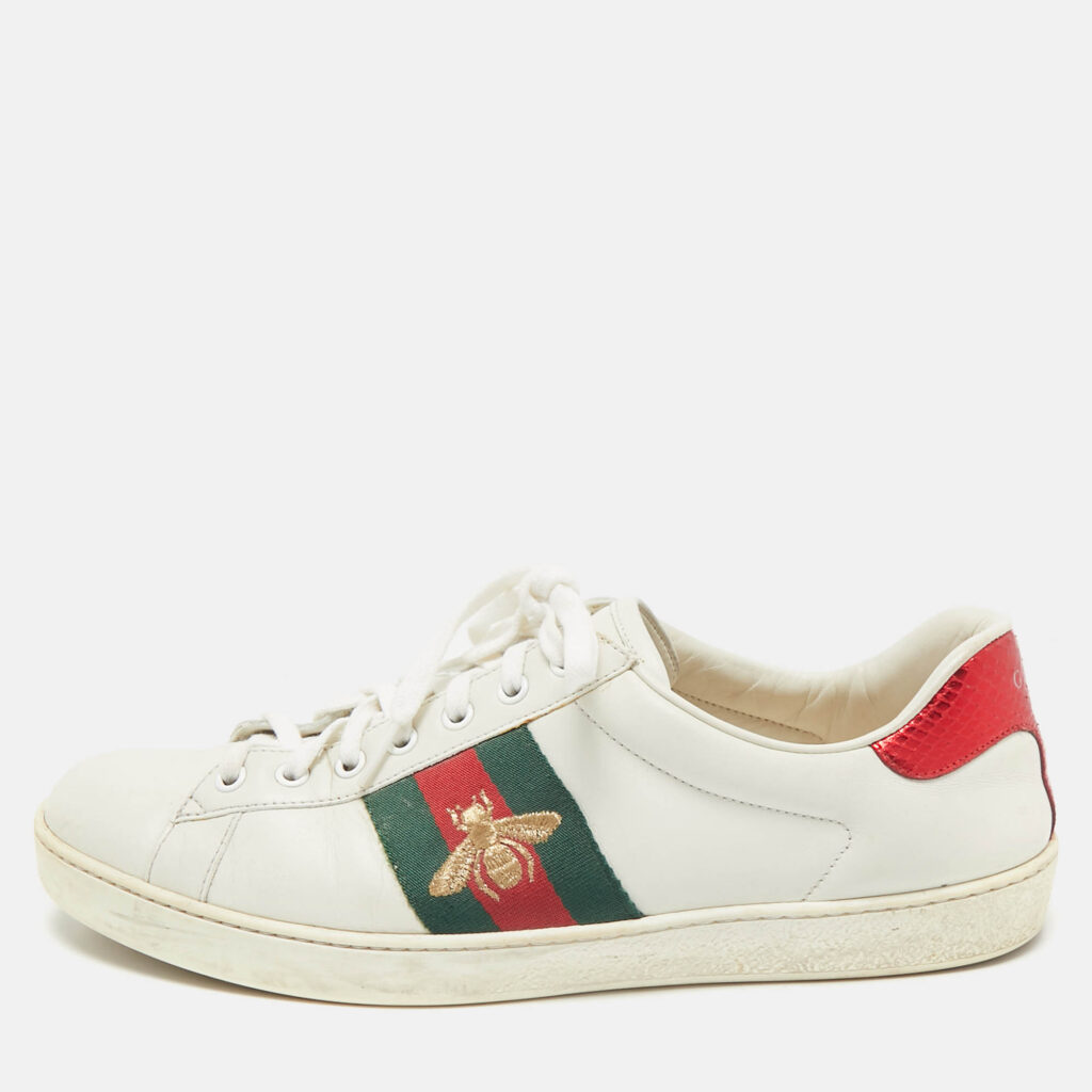 luxury-men-gucci-used-shoes-p1158857-010 Gucci White Leather Embroidered Bee Web Ace Low Top Sneakers Size 43.5