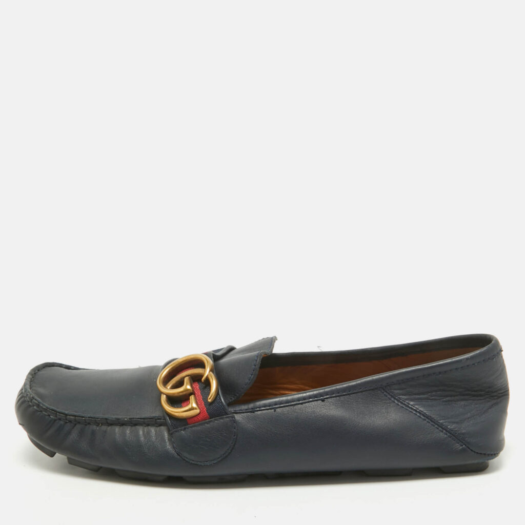 luxury-men-gucci-used-shoes-p1159841-010 Gucci Navy Blue Leather GG Marmont Web Driver Slip On Loafers Size 39