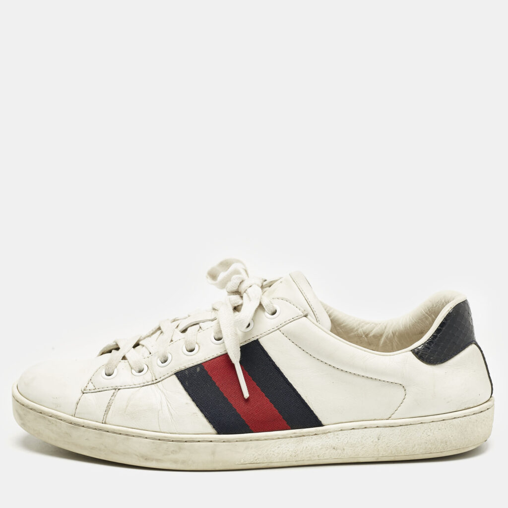 luxury-men-gucci-used-shoes-p1159958-005 Gucci White/Blue Leather and Snakeskin Leather Ace Low Top Sneakers Size 42