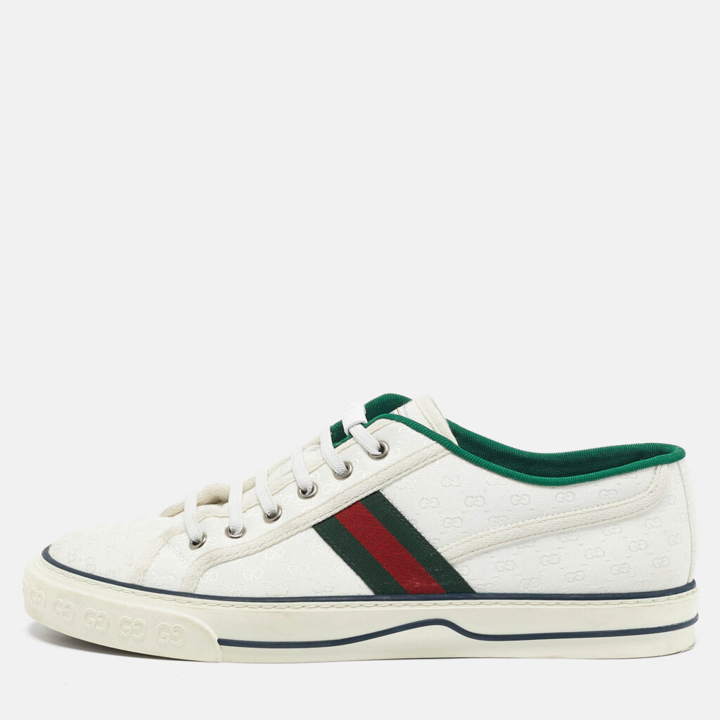 luxury-men-gucci-used-shoes-p1161042-010 Gucci White Mini GG Jacquard Fabric Tennis 1977 Low Top Sneakers Size 43