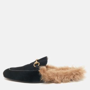Gucci Black/Brown Velvet and Fur Lined Princetown Flat Mule Size 42.5