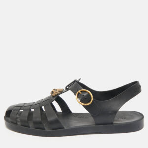 Gucci Black Rubber Double G Lion Head Strap Flat Sandals Size 43