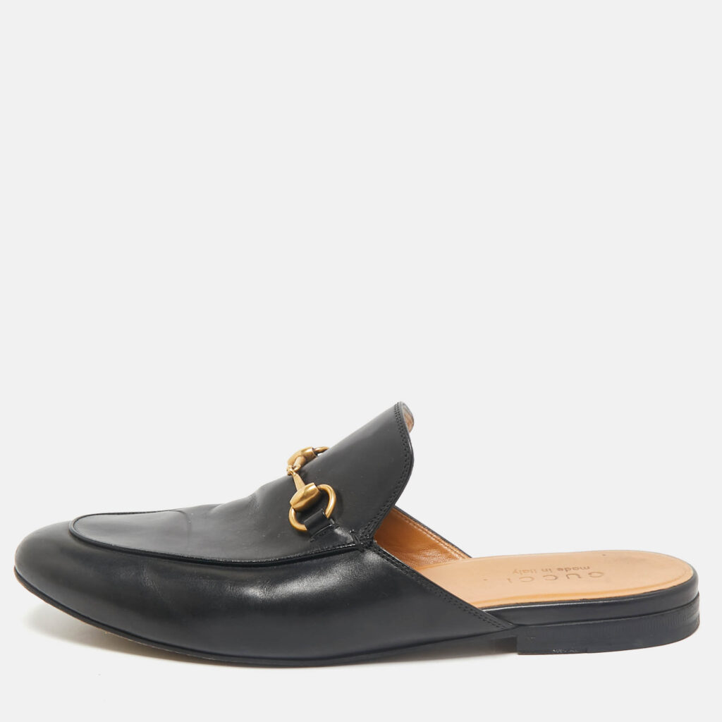 luxury-men-gucci-used-shoes-p1162171-010.jpg Gucci Black Leather Horsebit Princetown Flat Mules Size 42.5