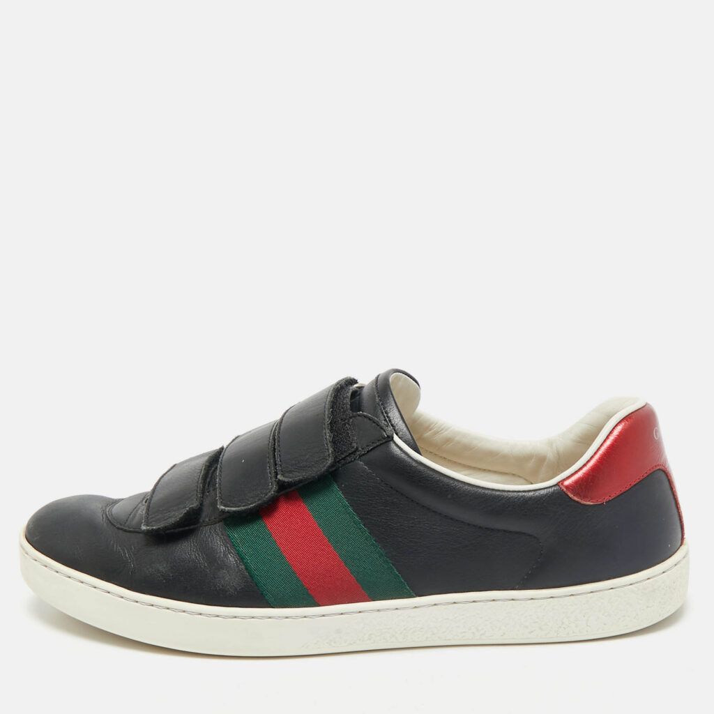luxury-men-gucci-used-shoes-p1162333-010 Gucci Black Leather Web Low Top Velcro Sneakers Size 43