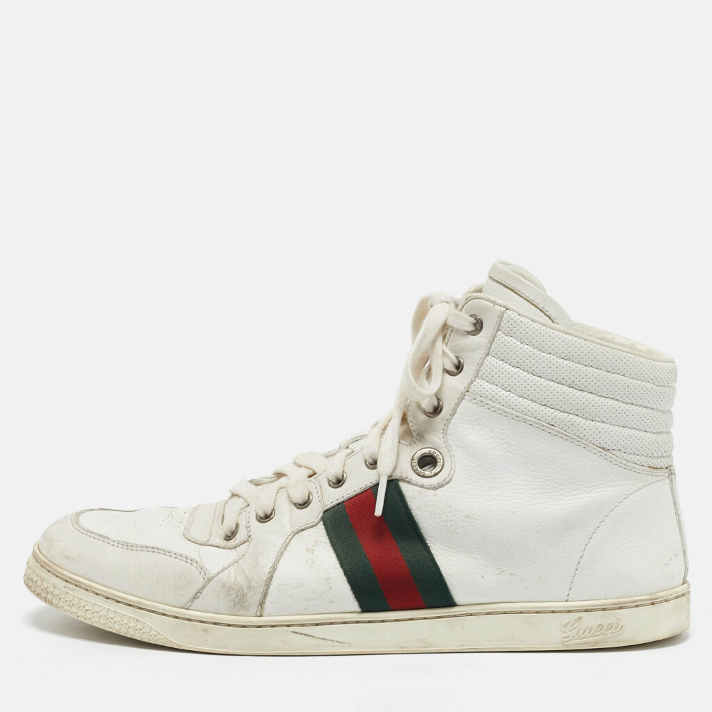 luxury-men-gucci-used-shoes-p1163152-010 Gucci White Leather Web Detail High Top Sneakers Size 45