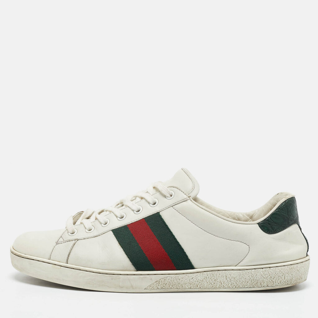 luxury-men-gucci-used-shoes-p1163165-010 Gucci White Crocodile Leather and Leather Ace Low Top Sneakers Size 45.5
